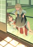  2girls absurdres ascot barefoot black_skirt blonde_hair bow braid brown_eyes brown_hair commentary_request day detached_sleeves frilled_bow frilled_hair_tubes frills hair_bow hair_tubes hakurei_reimu highres kirisame_marisa long_hair lying missing_headwear multiple_girls on_back open_mouth red_bow red_skirt shi_chimi shirt shouji side_braid single_braid skirt skirt_set sliding_doors sweatdrop tatami touhou white_bow white_shirt yellow_ascot yellow_eyes 