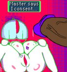anonymous_character anthro big_breasts big_butt blue_hair blush blushing_profusely breasts bunnywons butt covered_eyes dialogue duo featureless_chest female generation_3_pokemon genitals hair heart_symbol huge_breasts huge_butt interspecies master multiple_tattoos nintendo nude_anthro penis pokemon pokemon_(species) questionable_consent ralts shiny_pokemon short shortstack shortstack_female spade_tattoo spiral tattoo text text_box thick_thighs vulva white_body wide_hips