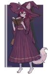 absurd_res anthro book braided_hair canid canine canis clothing female green_eyes hair hat headgear headwear hi_res inner_ear_fluff kalathean mammal purse robe solo tail text translated tuft witch_hat wolf