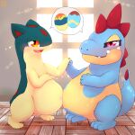 1:1 2024 absurd_res barely_visible_genitalia barely_visible_vulva biped bipedal_feral blue_body blue_fur countershading croconaw cute_fangs day digital_drawing_(artwork) digital_media_(artwork) duo fangs female female_feral feral floor fur generation_2_pokemon genitals hand_holding head_crest hi_res looking_at_viewer markings multicolored_body multicolored_fur navel nintendo open_mouth orange_eyes paws pictographics pink_eyes pokemon pokemon_(species) pregnant pregnant_female pregnant_feral quadruped quilava red_eyes red_markings semi-anthro shaded signature soft_shading tan_body tan_countershading tan_fur teeth three-quarter_view two_tone_body two_tone_fur underbite vcrow_shuu vulva window wood wood_floor yellow_body yellow_countershading