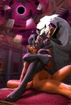 absurd_res anthro between_legs black_body blue_eyes carpet castle chain chain_necklace chair clothed clothing cloud crown dark_lord_style_darkrai darkrai digit_ring digital_media_(artwork) domestic_cat dominant duo eclipse erection escheresque_(genre) evolutionary_stone feet felid feline felis fur furniture generation_4_pokemon genitals glitch gold_(metal) hair headgear hi_res holowear_(pokemon) humanoid humanoid_genitalia humanoid_penis hypnosis jewelry leash leash_pull legendary_pokemon male male/male mammal mega_stone mind_control muscular muscular_anthro muscular_male necklace nintendo nipples nude open_mouth orange_hair painting_(object) penis penis_on_face pokemon pokemon_(species) pokemon_unite ring ring_(jewelry) rock royalty shoulder_pads sitting smeargle20 smile smoke stairs stone_throne submissive tail throne toe_ring toes tongue white_hair