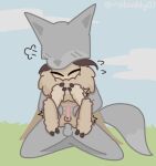 anal anal_penetration anon antennae_(anatomy) anthro arthropod balls belly_grab blush canid canine dominant duo eyeless eyes_closed fluff_(nobuddy) fluffy fox front_view fur genitals grey_body hi_res holding_partner insect insectoid_wings kneeling larger_dom lepidopteran male male/male mammal moth mouthless nobuddy nude_anthro nude_male outside penetration penile penile_penetration penis pink_penis riding shaking sitting size_difference smaller_male spread_legs spreading tail tan_body tan_fur tremble_spikes