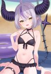  1girl :d absurdres ahoge bikini black_bikini blush breasts collarbone commentary_request cowboy_shot demon_girl demon_horns demon_tail double-parted_bangs fang grey_hair hair_between_eyes hand_up highres hololive horns la+_darknesss looking_at_viewer multicolored_hair navel o-ring o-ring_bikini o-ring_thigh_strap open_mouth pointy_ears purple_streaks short_hair sitting small_breasts smile solo streaked_hair striped_horns swimsuit tail thigh_strap toketa-sekai virtual_youtuber wariza yellow_eyes 