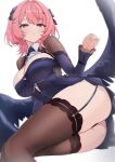  1girl arm_support ass black_dress black_shrug black_thighhighs black_wings blush breasts commentary dress feathered_wings lying on_side parted_lips pink_hair pointy_ears purple_eyes remielle_dan remielle_dan_(moonlight_whispers) shrug_(clothing) simple_background solo sora_mame_(princess_0sora) thighhighs white_background wings zenless_zone_zero 
