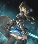  1girl absurdres armor arowana2111 belt black_thighhighs blue_eyes blue_skirt breasts brown_hair character_request copyright_request cowboy_shot dutch_angle earrings from_behind highres holding holding_shield holding_sword holding_weapon holster jewelry looking_at_viewer panties pantyshot ponytail shield skirt solo sword thigh_holster thighhighs underwear weapon white_panties 