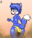 anthro arm_tattoo blue_body blue_eyes blue_hair blush butt canid canine cerinian clothing feces feces_blowout feces_on_body feces_on_butt female fox hair hi_res klovs krystal_(star_fox) leg_tattoo looking_at_viewer looking_back looking_back_at_viewer mammal nintendo panties pooped pooping smile smiling_at_viewer soiled soiling soiling_panties solo star_fox tattoo tribal tribal_tattoo underwear yellow_clothing yellow_panties yellow_underwear