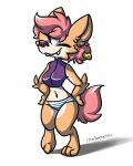 2019 4:5 anthro blue_clothing blue_eyes blue_panties blue_underwear bottomwear canid canine clothed clothing female fox front_view hair hands_on_hips mammal miakameron midriff panties pantsless pattern_bottomwear pattern_clothing pattern_panties pattern_underwear pink_hair smile solo standing striped_bottomwear striped_clothing striped_panties striped_underwear stripes underwear