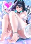 1girl absurdres aqua_hair bare_shoulders barefoot bikini black_hair blush breasts clam_shell colored_inner_hair detached_sleeves goddess_of_victory:_nikke hair_intakes hair_ornament highres holding_bubble large_breasts little_mermaid_(nikke) little_mermaid_(shell_princess)_(nikke) long_hair looking_at_viewer multicolored_hair official_alternate_costume official_alternate_hairstyle open_mouth shell shell_hair_ornament single_thighhigh smile swimsuit taku_(312nismo1) thigh_strap thighhighs very_long_hair white_bikini white_thighhighs yellow_eyes 