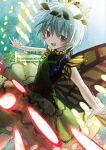  1girl antennae blue_hair blush_stickers butterfly_wings commentary_request danmaku dress eternity_larva green_dress hair_between_eyes highres insect_wings leaf leaf_on_head looking_at_viewer multicolored_dress open_mouth outstretched_arms qr_code rokuya_(68_zusao) short_hair single_blush_sticker smile solo spread_arms touhou watermark wings yellow_wings 