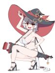  1girl absurdres arm_up bare_arms bare_shoulders bikini black_hat blue_archive blush breasts cleavage collarbone commentary eri_(blue_archive) gun_sling halo hat high_heels highres large_breasts long_hair looking_at_viewer lulubelleiii navel open_mouth orange_eyes orange_halo simple_background smile solo stomach swimsuit tilted_halo white_background white_bikini witch_hat 