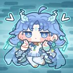  1girl ahoge blue_background blue_eyes blue_hair blue_outline blue_thighhighs blush_stickers chibi chibi_only closed_mouth commentary_request double_v dress earrings full_body hands_up jewelry jitome korean_commentary long_hair looking_at_viewer monyami outline parted_bangs qingxiao_(wuthering_waves) shoes solo thighhighs v very_long_hair white_dress white_shoes wuthering_waves 