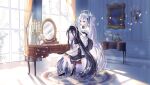  2girls absurdly_long_hair absurdres alternate_hairstyle apron aqua_halo aris_(blue_archive) aris_(maid)_(blue_archive) black_dress black_hair black_shoes blue_archive blue_eyes closed_mouth commentary_request dress halo hand_on_another's_head highres indoors kei_(blue_archive) kei_(student)_(blue_archive) kneehighs korean_commentary long_hair looking_at_another looking_at_viewer maid maid_apron maid_headdress multiple_girls official_alternate_costume official_alternate_hairstyle pink_halo puffy_short_sleeves puffy_sleeves red_eyes ripcho_xx shoes short_sleeves side_ponytail sitting smile socks thighhighs very_long_hair white_hair white_socks white_thighhighs 