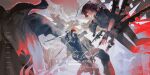  absurdres androgynous brown_hair character_request closed_mouth copyright_request fingerless_gloves gloves gun halo highres lonkulade pants short_hair sleeves_rolled_up tagme weapon 