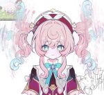  1girl aqua_eyes blue_bow bow drill_hair hat highres honkai:_star_rail honkai_(series) hyacine_(honkai:_star_rail) little_ica_(honkai:_star_rail) long_hair merchandise motion_blur pink_hair prehensile_hair smile twin_drills white_background yy_bnd 