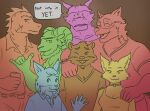 anthro beverage bodily_fluids bovid canada_lynx canid canine canis caprine carl_hendricks chase_hunter dialogue digital_drawing_(artwork) digital_media_(artwork) echo_(game) echo_(series) echo_project felid feline female flynn_moore fox gila_monster group group_photo happy helodermatid holding_beverage holding_object horn jenna_begay jewelry joseph_anderson leo_alvarez lizard lynx male mammal mustelid necklace nervous one_eye_closed otter pose reptile scalie sheep smile sticklyskingdom sweat sweatdrop tj_hess wink wolf