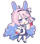  1girl ahoge animal_ears black_skirt blue_eyes blue_hair blush colored_inner_hair commentary_request denia_(wuthering_waves) detached_sleeves dress full_body gloves hair_ornament highres kemonomimi_mode korean_commentary long_hair looking_at_viewer mole mole_on_thigh mono_mon multicolored_hair official_art_inset open_mouth pink_hair pointing pointing_to_the_side rabbit_ears rabbit_girl red_gloves simple_background skirt solo transparent_background white_dress wuthering_waves 