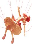  1girl arm_up bound bow choker dreamon_(bujingniao723) dress dress_bow floating frilled_dress frilled_socks frills gloves highres kaname_madoka kaname_madoka_(magical_girl) looking_up magical_girl mahou_shoujo_madoka_magica mahou_shoujo_madoka_magica_(anime) medium_hair pink_eyes pink_hair puffy_short_sleeves puffy_sleeves red_choker red_shoes shoes short_sleeves short_twintails simple_background skirt_under_dress socks solo string string_of_fate tied_from_afar tied_up_(nonsexual) twintails white_background white_gloves 