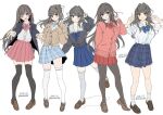  5girls black_cardigan black_pantyhose black_thighhighs blue_bow blue_eyes blue_jacket blue_skirt blush bow braid breasts brown_cardigan brown_eyes brown_hair cardigan closed_mouth collarbone collared_shirt commentary_request double_w grey_hair hair_bow hair_ornament hair_ribbon hairclip jacket long_hair long_sleeves looking_at_viewer medium_breasts multiple_girls necktie one_eye_closed open_clothes open_jacket open_mouth original pantyhose pink_bow pink_cardigan pink_skirt plaid_clothes plaid_skirt pleated_skirt ponytail red_bow red_skirt ribbon sailor_collar school_uniform shirt shoes simple_background skirt smile socks thighhighs unasaka_ryou w white_background white_bow white_sailor_collar white_shirt white_socks white_thighhighs zettai_ryouiki 
