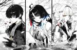  1boy 2girls abby_(wuthering_waves) ahoge blue_hair breasts closed_mouth commentary english_commentary gloves greyscale hair_intakes hair_ornament hair_stick hand_up highres holding holding_letter holding_pen jacket letter light_blush long_hair male_rover_(wuthering_waves) medium_breasts mihan_(mihan_art) monochrome multiple_girls parted_bangs partially_colored pen ponytail rover_(wuthering_waves) siblings sisters smile suisui_(wuthering_waves) tacet_mark_(wuthering_waves) wuthering_waves yangyang_(wuthering_waves) yangyang_(xuanling)_(wuthering_waves) 