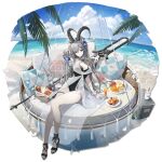  1girl akkord_(arknights) akkord_(holiday)_(arknights) animal_ears animal_print anklet arknights armpits bare_arms bare_legs bare_shoulders beach black_bow black_one-piece_swimsuit black_shoes blue_eyes blue_hair blue_hairband blue_nails bow bread bread_slice breasts cherry chi4 closed_mouth cloud cloudy_sky cooler couch covered_navel criss-cross_halter croissant cup day disposable_coffee_cup disposable_cup drinking_glass drinking_straw fish_print flower food footwear_bow frilled_hairband frills fruit full_body game_asset glass_bottle goat_ears goat_girl goat_horns grey_hair hair_between_eyes hairband halterneck hand_in_own_hair high_heels high_ponytail highres horns infection_monitor_(arknights) jam jar jewelry juice light_smile long_hair looking_at_viewer mage_staff mango medium_breasts multicolored_hair multicolored_hairband nail_polish non-web_source ocean official_alternate_costume official_art on_couch one-piece_swimsuit outdoors palm_leaf pillow pineapple pineapple_slice plate ponytail scrunchie see-through_clothes see-through_shawl shawl shell shoes sitting sky solo staff starfish starfish_print streaked_hair swimsuit tachi-e thigh_strap toast toenail_polish toenails transparent_background two-tone_hair two-tone_hairband watermelon watermelon_slice white_flower white_hairband white_scrunchie white_shawl wrist_scrunchie 