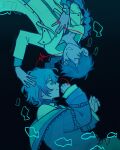  2boys absurdres blue_hair blue_jacket blue_theme braid bundeadly cardiogram facing_another fish hand_on_another's_head hand_on_own_chest highres hood hoodie jacket lab_coat layered_clothes long_hair lying multicolored_hair multiple_boys off_shoulder on_back on_side open_clothes open_jacket pants quilted_jacket rin_(strange_eden) rotational_symmetry short_hair single_braid smile strange_eden streaked_hair string string_of_fate torn_clothes torn_pants turtleneck two-tone_hair very_long_braid watch white_hoodie wristwatch yaoi yurano_michitaka_(strange_eden) zipper 