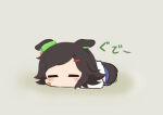  1girl animal_ears bandaid bandaid_on_cheek bandaid_on_face black_hair blush chibi chibi_only closed_eyes commentary_request ear_ribbon ears_down full_body gomashio_(goma_feet) green_ribbon grey_background hair_ornament hairclip horse_ears horse_tail long_sleeves no_mouth ribbon shirt short_hair simple_background solo tail umamusume white_shirt winning_ticket_(umamusume) 