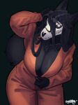 anthro bent_over big_breasts black_body black_fur black_hair black_sclera bone breasts canid canine canis cleavage clothed clothing falopaxy fangs female fluffy fluffy_tail fur hair hi_res huge_breasts jumpsuit long_hair looking_at_viewer malo mammal orange_clothing orange_jumpsuit scp-1471-a scp_foundation skull skull_head solo tail teeth undressing unzipped_jumpsuit white_eyes wolf