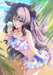  animal_ears bare_shoulders bikini bikini_skirt blush breasts brown_hair floral_print floral_print_bikini frilled_bikini frills hair_between_eyes hair_ornament heart heart_hair_ornament highres holding holding_ice_cream_cone horse_ears horse_girl horse_tail ice_cream_cone jewelry long_hair looking_at_viewer medium_breasts mole mole_under_eye multicolored_hair navel necklace neonewcatnyan official_alternate_costume official_alternate_hairstyle open_mouth pink_bikini print_bikini ruffle_bikini smile star_(symbol) star_necklace stomach streaked_hair swimsuit tail tongue tongue_out umamusume vivlos_(eclat_d'ete)_(umamusume) vivlos_(umamusume) white_streaks 