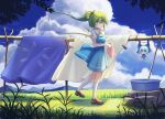  1girl absurdres ascot blue_dress blue_sky bow brown_shoes character_doll chinese_commentary cirno clothes_pin cloud collared_shirt commentary_request cumulonimbus_cloud daiyousei day doll dress fairy fairy_wings fumo_(doll) grass green_eyes green_hair hair_bow hanging_from_clothesline highres laundry laundry_pole loafers long_hair looking_at_viewer mountainous_horizon outdoors pinafore_dress ponytail puffy_short_sleeves puffy_sleeves shirt shoes short_sleeves sky sleeveless sleeveless_dress socks solo toorooo touhou white_shirt white_socks wings yellow_ascot yellow_bow 