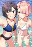  2girls arimura_mao bare_shoulders bikini black_hair blue_bikini blush breasts cleavage commentary_request eyes_visible_through_hair gakuen_idolmaster hand_on_own_hip highres idolmaster idolmaster_million_live! kikuchi_makoto looking_at_viewer medium_breasts medium_hair multiple_girls navel one_eye_closed pink_hair side-tie_bikini_bottom smile stomach swimsuit takatsuki_p teeth white_bikini 