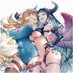  2girls asymmetrical_docking asymmetrical_gloves bikini black_bikini black_gloves black_hair blonde_hair blue_one-piece_swimsuit blue_sailor_collar blunt_bangs book breast_press breasts cagliostro_(granblue_fantasy) cagliostro_(summer)_(granblue_fantasy) commentary_request competition_swimsuit covered_navel demon_horns elbow_gloves eye_contact feathered_wings floating floating_book floating_object frilled_hairband frills g9l33 gloves granblue_fantasy green_eyes hairband heart heart-shaped_eyewear horns large_breasts long_hair looking_at_another magus_(granblue_fantasy) multi-strapped_bikini_bottom multiple_girls navel official_alternate_costume one-piece_swimsuit open_book purple_eyes red_nails sailor_collar single_elbow_glove smile swimsuit thigh_strap underboob uneven_gloves white_background wings 