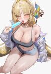  1girl alternate_costume blonde_hair blush breasts commentary_request denim denim_shorts eating fingernails food hand_up highres holding holding_food holding_popsicle large_breasts long_hair looking_at_viewer navel popsicle short_shorts shorts simple_background skindentation solo sports_bra suisui_(wuthering_waves) tacet_mark_(wuthering_waves) tongue tongue_out user_yhdp5543 very_long_hair white_background wuthering_waves yellow_eyes 