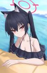  1girl animal_ear_fluff animal_ears aqua_ribbon bare_shoulders bikini black_bikini black_hair blue_archive blurry blurry_background blush breasts cat_ears cat_girl cleavage closed_mouth collarbone commentary_request day hair_between_eyes hair_ribbon halo highres light_frown long_hair looking_at_viewer ocean official_alternate_costume outdoors pink_halo red_eyes ribbon ruffle_bikini serika_(blue_archive) serika_(swimsuit)_(blue_archive) sidelocks small_breasts solo swimming swimsuit twintails upper_body wrightia 