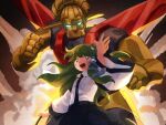  1girl blue_skirt collared_shirt commentary_request commission detached_sleeves frog_hair_ornament gohei green_eyes green_hair hair_ornament hair_tubes hisou_tensoku holding holding_gohei kochiya_sanae looking_at_viewer mecha open_mouth retrochaossan robot shirt single_hair_tube skeb_commission skirt sleeveless sleeveless_shirt smile snake_hair_ornament solo touhou touhou_hisoutensoku white_shirt 