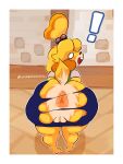 3:4 animal_crossing anthro anus bent_over big_butt border bottomwear butt canid canine canis cardigan clothing domestic_dog female genitals hair hair_bell hair_bun hi_res isabelle_(animal_crossing) looking_back mammal nintendo o_o pencil_skirt rear_view shih_tzu shocked skirt solo sr_empanada torn_bottomwear torn_clothing torn_skirt toy_dog vulva wardrobe_malfunction white_border yellow_body