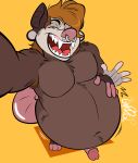 2026 absurd_res anthro armpit_hair belly_slap bloated body_hair brad_(incorrigible) brown_body brown_eyes brown_fur brown_hair digital_drawing_(artwork) digital_media_(artwork) ear_piercing english_description erection facial_piercing featureless_chest fur gauged_ear genitals hair hi_res high-angle_view humanoid_genitalia humanoid_hands humanoid_penis long_hair looking_at_viewer male navel nose_piercing nose_ring nude_anthro nude_male onomatopoeia open_mouth overweight overweight_anthro overweight_male penis piercing pink_nose raised_arm red_tongue remmyfox ring_piercing rumbling_stomach sharp_teeth simple_background slap solo sound_effects stuffing tail teeth text tongue yellow_background