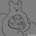 1:1 absurd_res ambiguous_gender anthro dripping duo gourmand_(rain_world) hand_on_belly hi_res lspagf male overweight rain_world rumbling_stomach satisfied semi-anthro sitting slugcat tail tongue tongue_out videocult vore worried x-ray_view