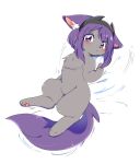 2019 :< bed bed_sheet bedding blush chest_tuft digital_media_(artwork) domestic_cat eyelashes fake_horns felid feline felis female feral fur furniture grey_body grey_fur hair hi_res inner_ear_fluff joeri_kunisaki looking_at_viewer looking_away lying lying_on_bed mammal on_back on_bed pawpads purple_ears purple_eyes purple_hair purple_tail simple_background solo tail thin_eyebrows tuft white_background white_inner_ear_fluff