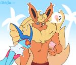 2026 4_fingers anthro artist_name black_nose black_text blitz_(odeko-yma) blue_body blue_text blush blush_lines brown_inner_ear cheek_tuft closed_smile clothing dated day dessert dialogue duo eeveelution eyebrows eyewear facial_tuft female fingers flareon fluffy fluffy_tail food frill_(anatomy) fur generation_1_pokemon grey_eyes hi_res holding_food holding_ice_cream holding_object ice_cream looking_at_another male mouth_closed neck_tuft nintendo odeko-yma orange_body orange_fur palm_tree plant pokemon pokemon_(species) pokemorph question_mark raised_eyebrow sky smile speech_bubble standing star sunglasses swimming_trunks swimwear tail tan_body text tree tuft vaporeon vivian_(odeko-yma) wearing_sunglasses white_frill