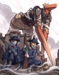 2026 anthro armor barbed_wire belt clothing duo eyebrows feet goobone gun headgear helmet hi_res horn kobold male military military_uniform ranged_weapon rifle scalie shoulder_guards sitting soldier undead uniform warrior weapon yellow_sclera zombie