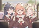  3girls black_hair blonde_hair blue_hair blue_ribbon braid brown_dress bus_interior commentary_request dress flower gradient_hair hair_flower hair_ornament hair_ribbon half_up_braid half_updo hand_on_another's_shoulder hasu_no_sanrenka hasu_no_sora_school_uniform highres hinoshita_kaho iroha_(nami3) long_hair long_sleeves love_live! love_live!_hasu_no_sora_jogakuin_school_idol_club medium_hair mole mole_on_neck multicolored_hair multiple_girls murano_sayaka neckerchief orange_hair osawa_rurino parted_bangs pink_flower rabbit_hair_ornament red_neckerchief red_ribbon ribbon sailor_collar sailor_dress school_uniform two_side_up upper_body virtual_youtuber white_sailor_collar winter_uniform 