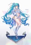  1girl absurdres alternate_costume aqua_hair artist_name bandeau bead_bracelet beads belt belt_buckle blue_nails blue_shirt blush boots bow bracelet breasts buckle character_name choker cleavage clothes_writing commentary crop_top detached_sleeves fingernails full_body goddess_of_victory:_nikke gradient_background grey_background hair_bow hair_ornament hair_ribbon hands_up high-waist_belt highres jewelry knee_boots lace-up_boots large_breasts layered_sleeves leg_up long_hair long_sleeves looking_at_viewer microphone nail_polish navel o-ring o-ring_thigh_strap open_clothes open_shirt parted_lips platform_boots privaty_(nikke) purple_scrunchie ribbon scrunchie shirt short_shorts short_sleeves shorts sleeves_past_wrists solo stage_lights standing standing_on_one_leg star_(symbol) star_hair_ornament stomach thigh_strap triangle triangle_hands twintails twitter_username two-tone_shirt very_long_hair waist_cape white_bandeau white_belt white_boots white_bow white_choker white_ribbon white_shirt white_shorts wrist_scrunchie y_unevenness yellow_bow yellow_eyes 