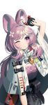  1girl absurdres ahoge ammunition_pouch animal_ears arknights arm_up cleavage_cutout closed_mouth clothing_cutout fingerless_gloves gloves hair_ornament highres long_hair one_eye_closed orange_gloves pink_eyes pink_hair pink_shirt pouch purple_eyes rabbit_ears rui_(rei_leyi) shirt shrug_(clothing) simple_background solo thumpy_(arknights) upper_body white_background white_shrug 