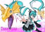  1girl aqua_eyes aqua_hair aqua_necktie artist_name bare_shoulders black_skirt black_thighhighs blue_eyes blue_nails ccccockroachst chinese_commentary colored_tongue commentary_request commission crossover detached_sleeves digimon digimon_(creature) hair_between_eyes hair_ornament hatsune_miku highres living_hair long_hair looking_at_viewer necktie open_mouth outstretched_arm parted_lips pink_background purple_tongue saliva sea_serpent seadramon sharp_teeth skirt sleeveless slit_pupils teeth thighhighs twintails two-tone_background vocaloid white_background 