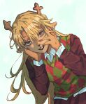  1girl animal_ears antlers black_sleeves blonde_hair blood blood_on_face brown_eyes collared_shirt commentary crazy_smile deer_antlers deer_ears deer_girl deltarune dutch_angle english_commentary furry furry_female green_sweater_vest hair_between_eyes hands_on_own_face highres horns long_hair long_sleeves noelle_holiday open_mouth ray_(r520135) red_sweater_vest shirt smile sweater_vest two-tone_sweater_vest utdr_(toby_fox) very_long_hair white_shirt 
