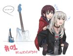  2girls black_choker black_jacket black_pantyhose blue_skirt blush brown_hair carrying chinese_commentary choker commentary_request electric_guitar fantasy6gp677 fender_jazzmaster girls_band_cry grey_eyes grey_hair grey_hoodie guitar highres hood hood_down hooded_jacket hoodie instrument iseri_nina jacket kawaragi_momoka long_hair low_twintails multicolored_hair multiple_girls open_mouth pantyhose piggyback pleated_skirt red_jacket roots_(hair) short_hair short_twintails skirt twintails 