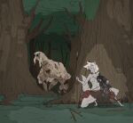 absurd_res ambiguous_gender big_breasts black_body black_fur bottomwear breasts canid canine canis clothed clothing domestic_cat drifter_(vintage_story) duo eldritch_abomination faceless_ambiguous faceless_character felid feline felis female forest forest_background fur hi_res hidden loincloth loincloth_only machine mammal melee_weapon monster nipple_outline plant polearm robot silver_wolf sinfullapis skinny_female skirt_only sneaking spear tense_atmosphere thick_thighs topless tree vintage_story weapon wolf