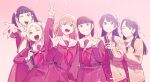  6+girls :d ;) ;d \||/ absurdres animification arm_up black_hair blonde_hair blue_eyes blue_hair blue_ribbon brown_cardigan brown_eyes brown_hair cardigan commentary_request cowboy_shot diploma_tube dress flower grin gyaru_w hair_flower hair_ornament hair_ribbon half_updo hasu_no_sanrenka hasu_no_sora_school_uniform highres hinoshita_kaho holding kan_kanna long_sleeves looking_at_viewer love_live! love_live!_hasu_no_sora_jogakuin_school_idol_club multiple_girls murano_sayaka neckerchief nirei_nozomi nonaka_kokona number_four_(asl) okpriko one_eye_closed open_cardigan open_clothes open_mouth orange_hair osawa_rurino pink_background pink_flower rabbit_hair_ornament real_life red_dress red_neckerchief red_ribbon ribbon sailor_collar sailor_dress school_uniform smile split_mouth twintails two_side_up v virtual_youtuber voice_actor voice_actor_connection w white_sailor_collar winter_uniform 