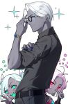  1girl 2boys :d antenna_hair aqua_eyes aqua_hair artist_name belt black_belt black_shirt blue_eyes blue_nails blush_stickers boy_vajra_(fate) boy_vajra_(fgo_fes._2026)_(fate) collared_shirt colored_skin colored_tongue dark-skinned_male dark_skin earrings facial_mark fangs fate/grand_order fate_(series) girl_vajra_(fate) girl_vajra_(fgo_fes._2026)_(fate) glasses green_eyes grey_skin highres indra_(fate) indra_(fgo_fes._2026)_(fate) jewelry looking_at_viewer multiple_boys multiple_girls nail_polish neckerchief open_mouth parted_bangs pink_eyes pink_hair profile red_eyes sakuraike shirt short_hair simple_background sleeves_rolled_up smile sparkle star_(symbol) symbol-shaped_pupils teeth twintails twitter_username v watch watermark white_background white_hair wristwatch 