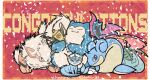  arcanine border brown_eyes closed_eyes closed_mouth commentary confetti congratulations fang fangs full_body golbat highres no_humans pokemon pokemon_(creature) snorlax trophy vaporeon venusaur white_border yiluwuyan 